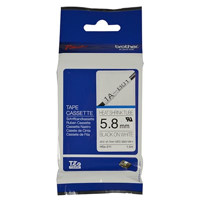 Brother P-Touch HSe-211 5.8mm Black on White Heat Shrink Tube Non Laminated Tape