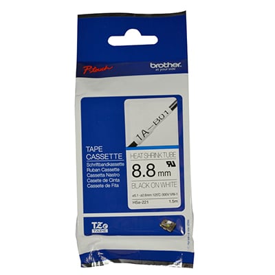 Brother P-Touch HSe-221 8.8mm Black on White Heat Shrink Tube Non Laminated Tape