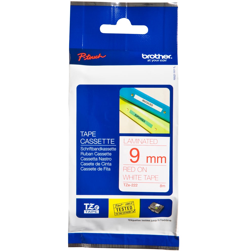 Brother P-Touch TZe-222 9mm Red on White Laminated Tape