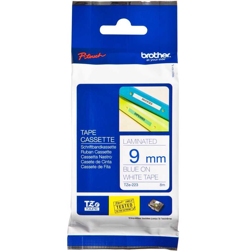 Brother P-Touch TZe-223 9mm Blue on White Laminated Tape