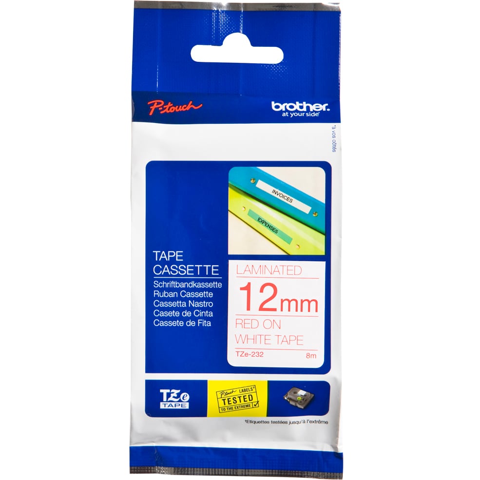 Brother P-Touch TZe-232 12mm Red on White Laminated Tape