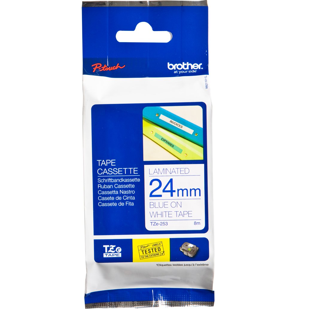 Brother P-Touch TZe-253 24mm Blue on White Laminated Tape