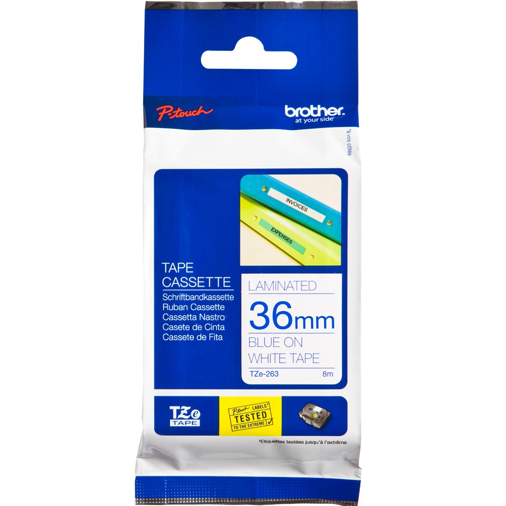 Brother P-Touch TZe-263 36mm Blue on White Laminated Tape