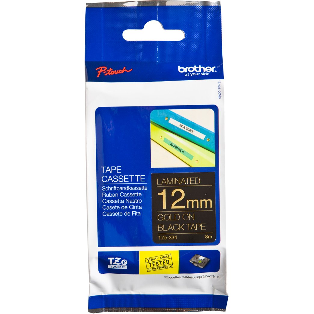 Brother P-Touch TZe-334 12mm Gold on Black Laminated Tape