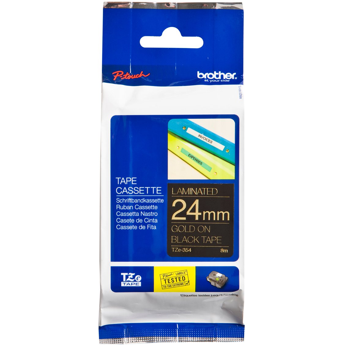 Brother P-Touch TZe-354 24mm Gold on Black Laminated Tape