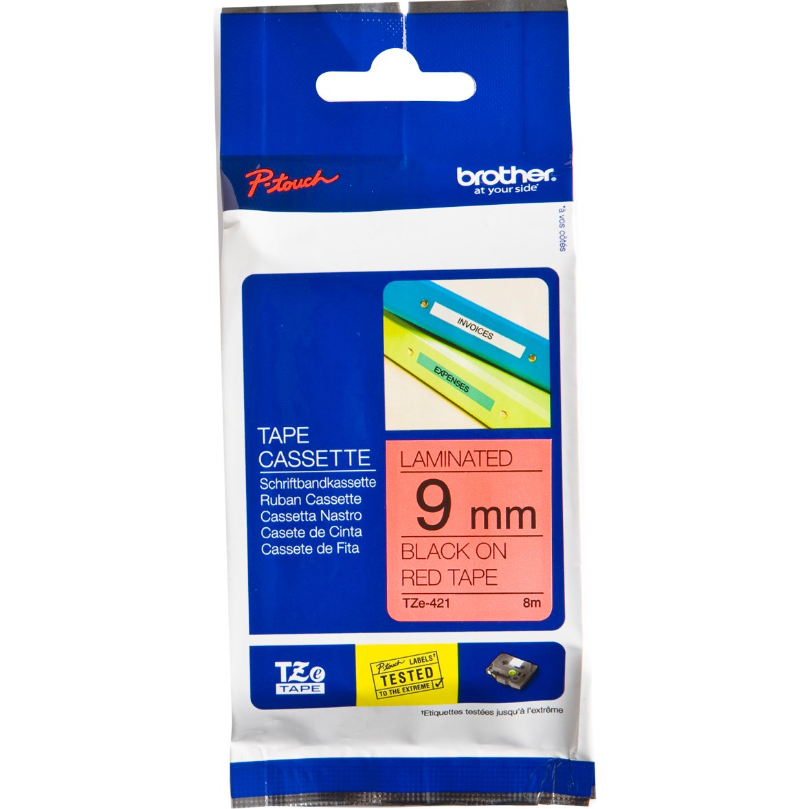 Brother P-Touch TZe-421 9mm Black on Red Laminated Tape