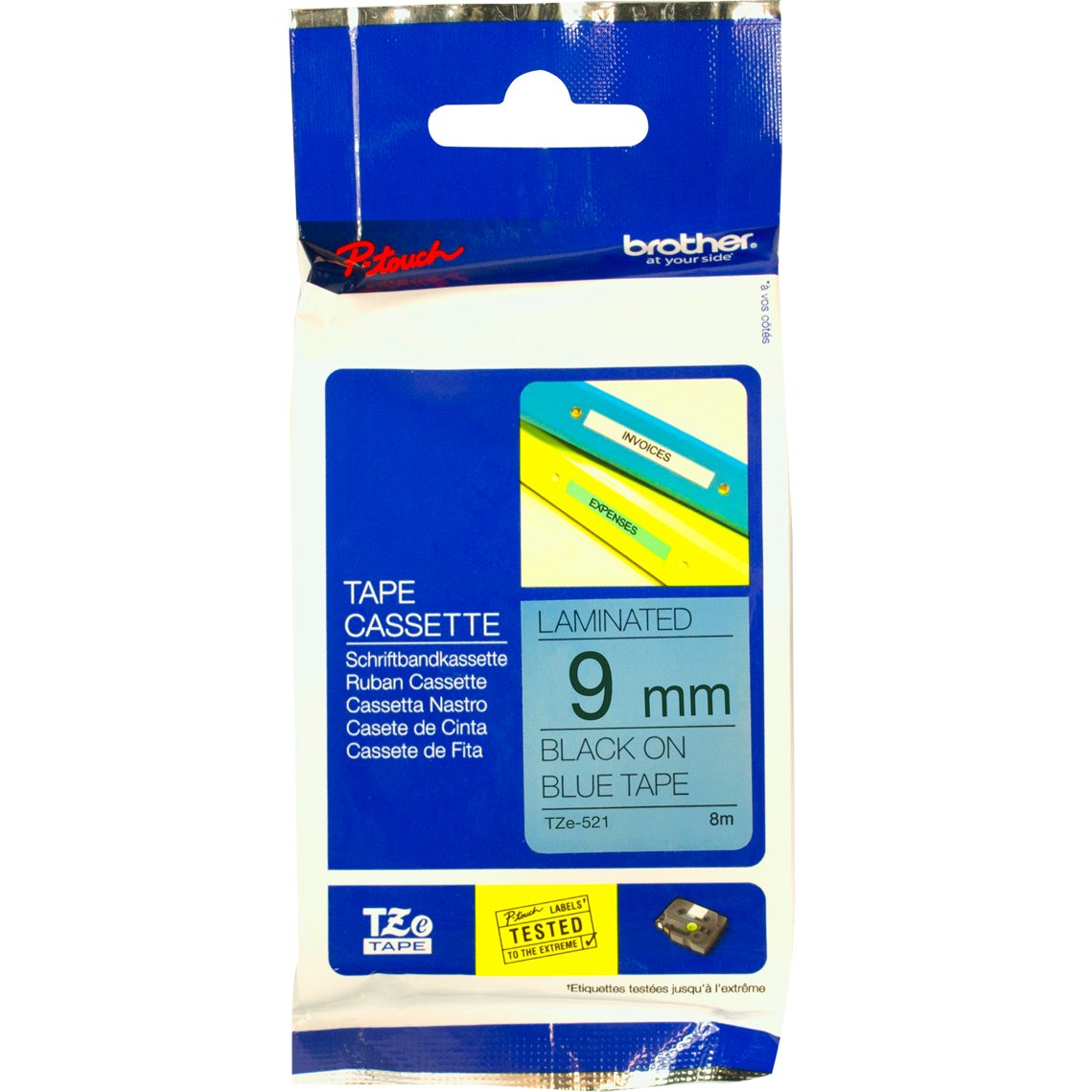 Brother P-Touch TZe-521 9mm Black on Blue Laminated Tape