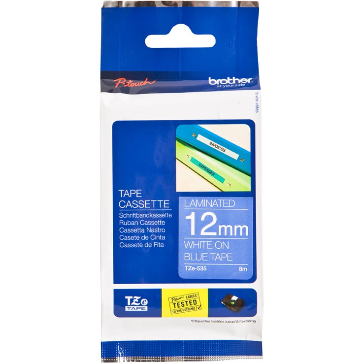 Brother P-Touch TZe-535 12mm White on Blue Laminated Tape