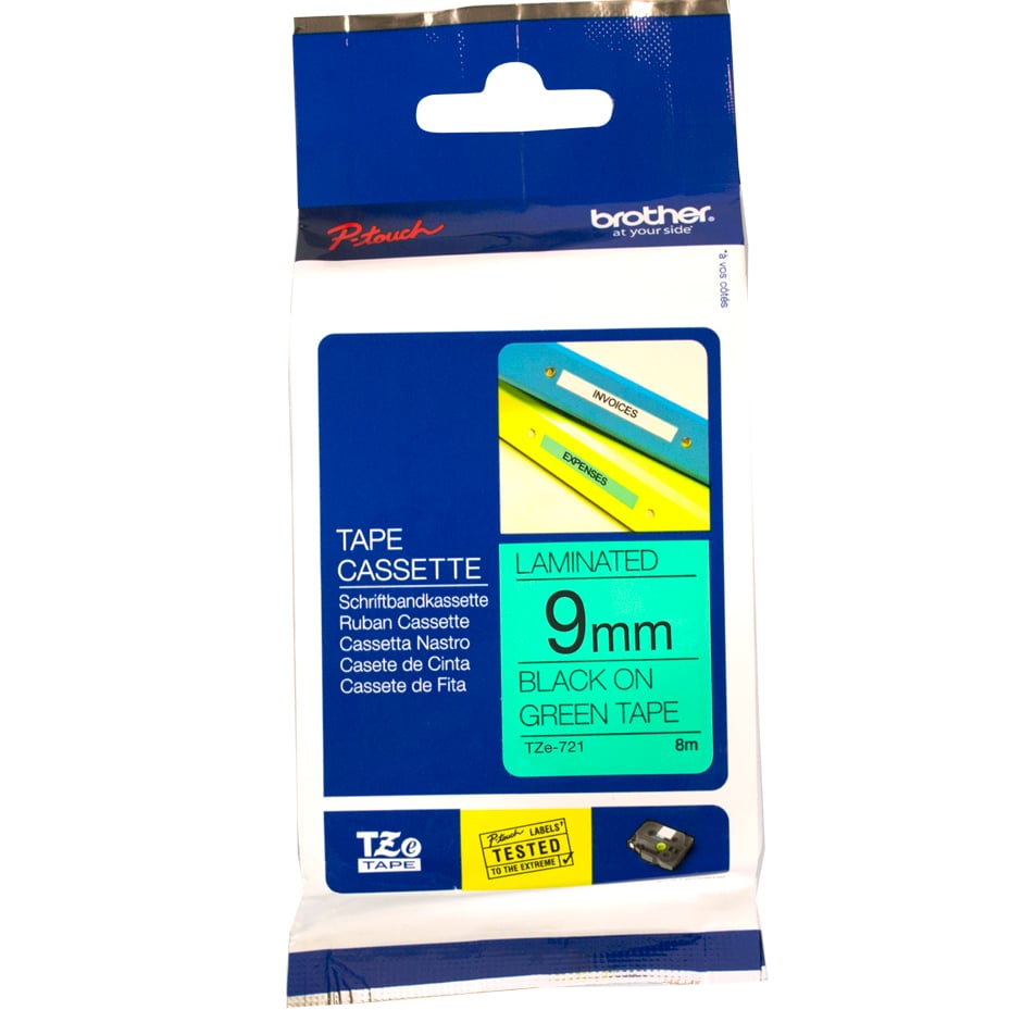 Brother P-Touch TZe-721 9mm Black on Green Laminated Tape