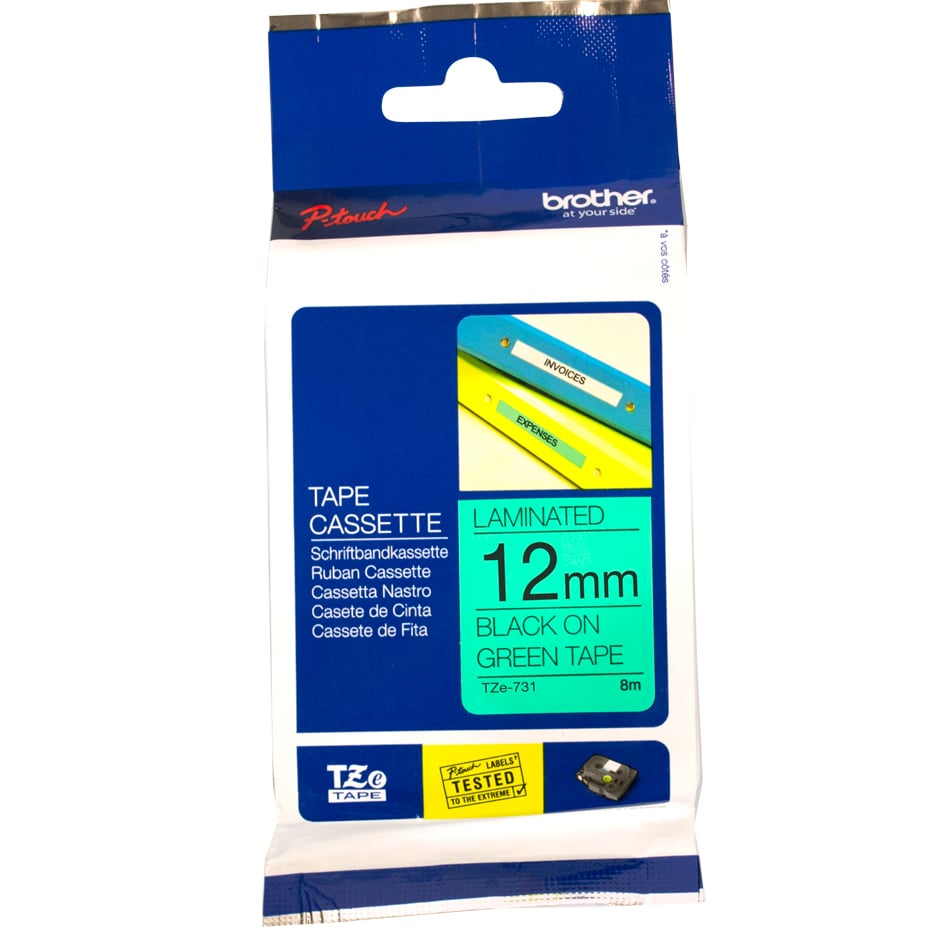 Brother P-Touch TZe-731 12mm Black on Green Laminated Tape