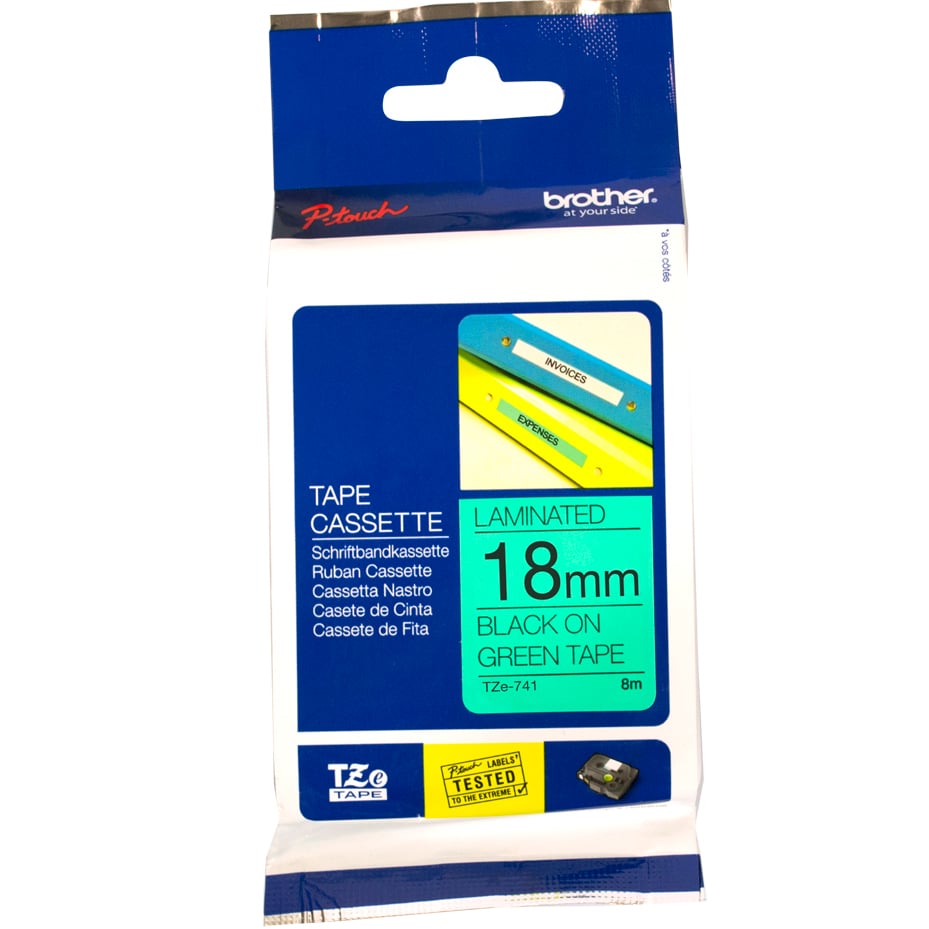 Brother P-Touch TZe-741 18mm Black on Green Laminated Tape