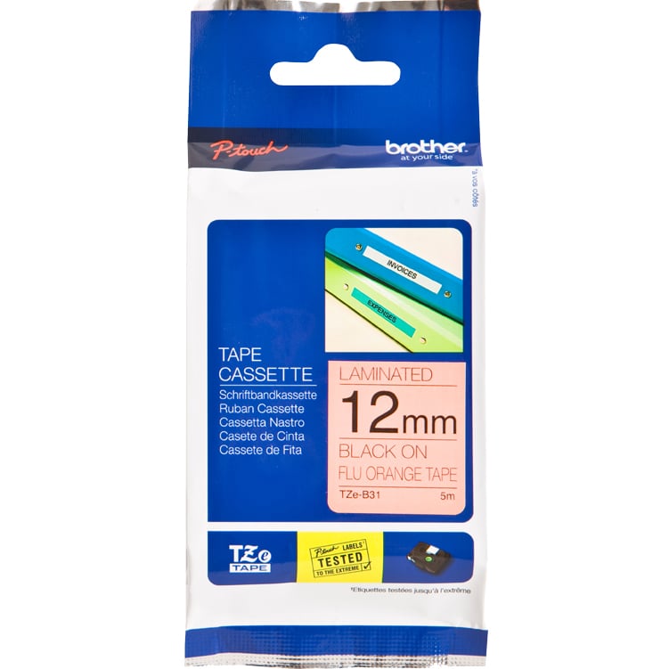 Brother P-Touch TZe-B31 12mm Black on Fluro Orange Laminated Tape
