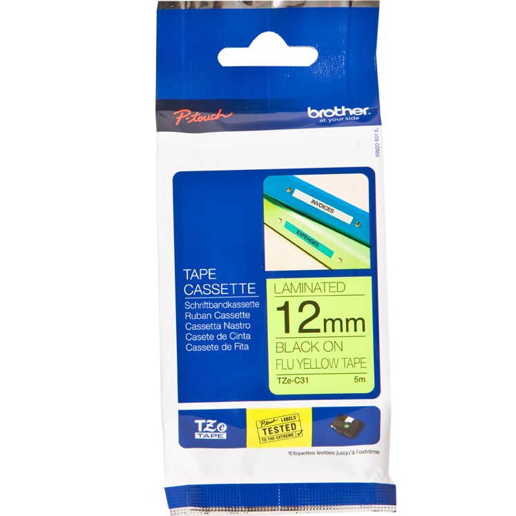 Brother P-Touch TZe-C31 12mm Black on Fluro Yellow Laminated Tape