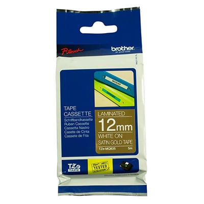 Brother P-Touch TZe-MQ835 12mm White on Satin Gold Laminated Deco Tape