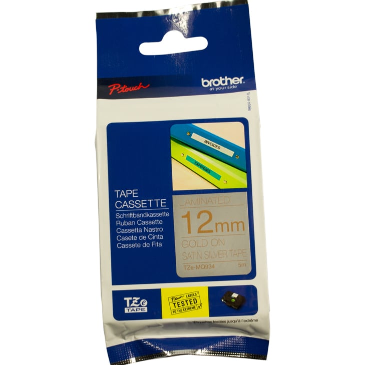 Brother P-Touch TZe-MQ934 12mm Gold on Satin Silver Laminated Deco Tape
