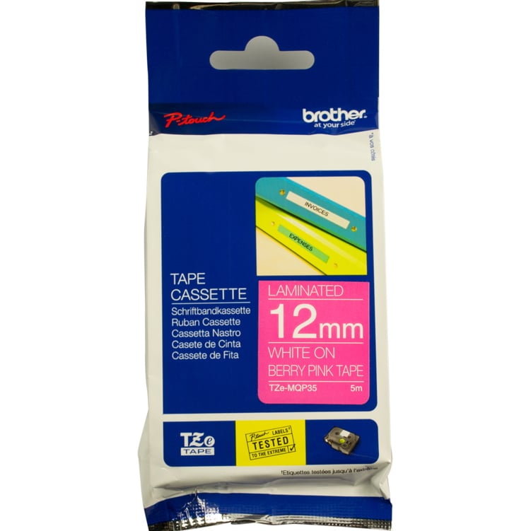 Brother P-Touch TZe-MQP35 12mm White on Berry Pink Laminated Deco Tape