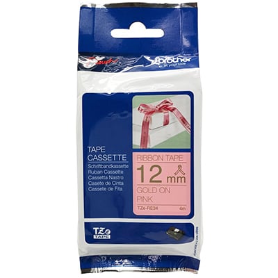 Brother P-Touch TZe-RE34 12mm Gold on Pink Ribbon Non Laminated Tape
