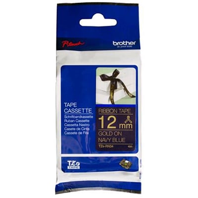 Brother P-Touch TZe-RN34 12mm Gold on Navy Blue Ribbon Non Laminated Tape