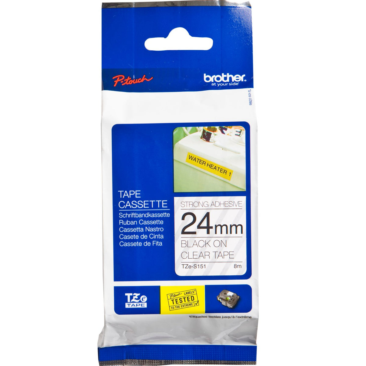 Brother P-Touch TZe-S151 24mm Black on Clear Strong Adhesive Laminated Tape