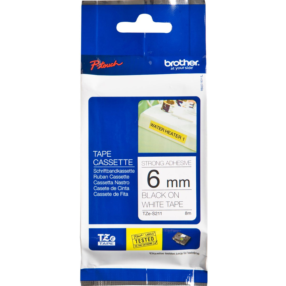 Brother P-Touch TZe-S211 6mm Black on White Strong Adhesive Laminated Tape