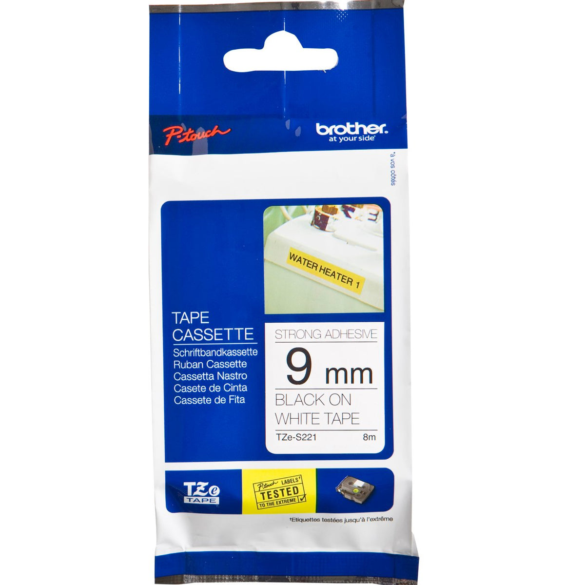 Brother P-Touch TZe-S221 9mm Black on White Strong Adhesive Laminated Tape