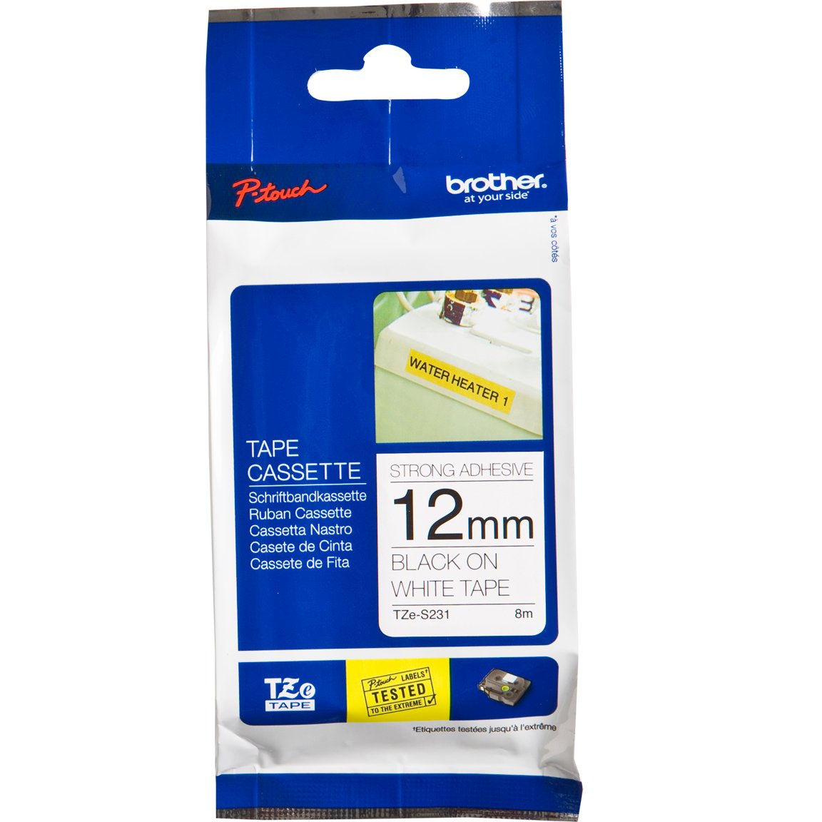 Brother P-Touch TZe-S231 12mm Black on White Strong Adhesive Laminated Tape