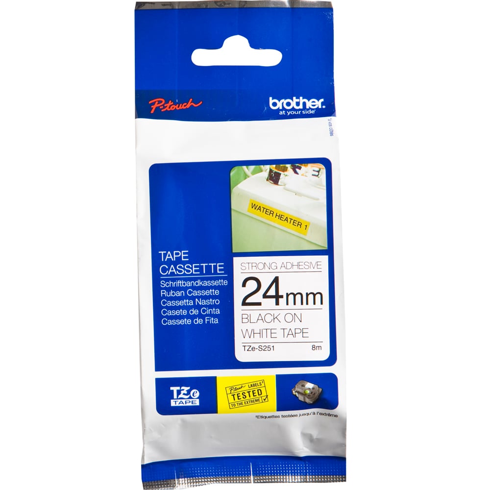Brother P-Touch TZe-S251 24mm Black on White Strong Adhesive Laminated Tape