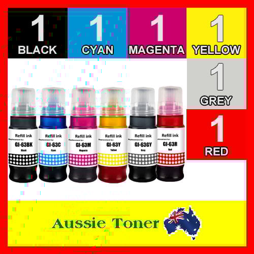 6 Pack Compatible Ink Bottles (1BK, 1C, 1M, 1Y, 1GY, 1R) for Canon GI-63 GI63 for Canon G660
